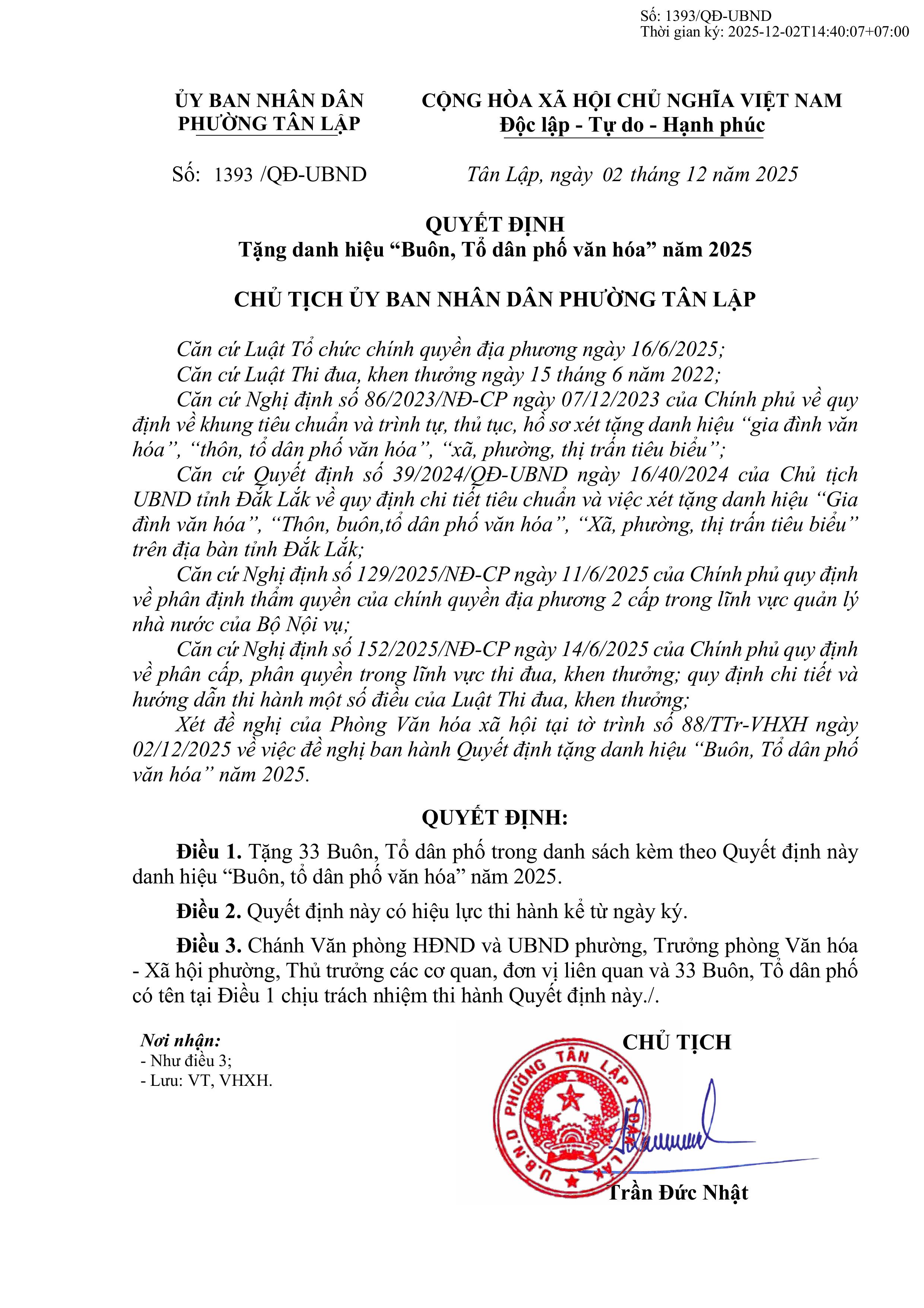 Quyết định tặng danh hiệu “Buôn, tổ dân phố văn hóa” năm 2025 trên địa bàn phường Tân Lập